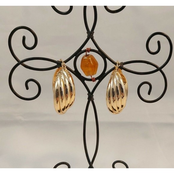 Gold Tone 1/5" wide High Polished Round Hoop Earrings twisted 1.25" long - Picture 4 of 9